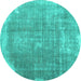 Round Machine Washable Abstract Turquoise Contemporary Area Rugs, wshcon2645turq