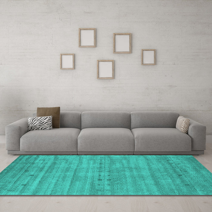 Machine Washable Abstract Turquoise Contemporary Area Rugs in a Living Room,, wshcon2656turq