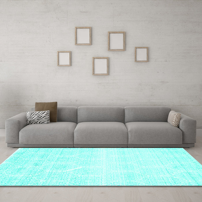 Machine Washable Abstract Turquoise Contemporary Area Rugs in a Living Room,, wshcon265turq