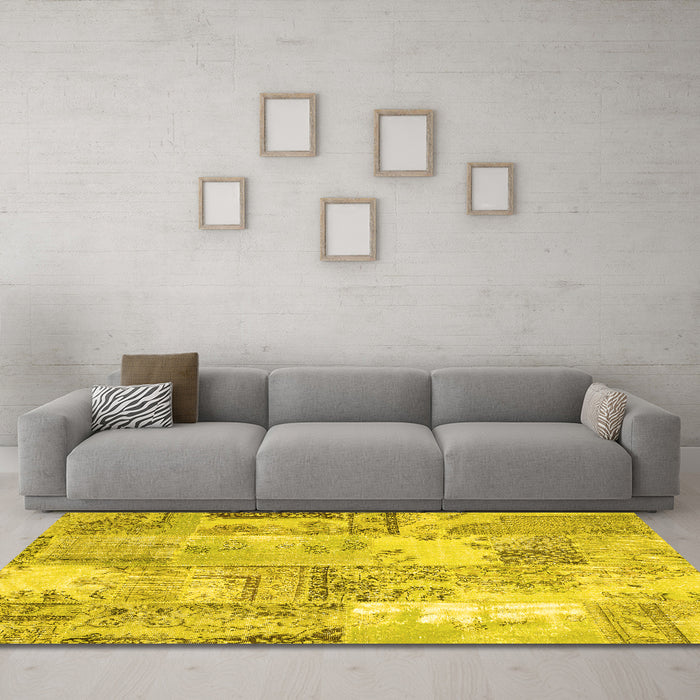 Machine Washable Patchwork Yellow Transitional Rug in a Living Room, wshcon2666yw