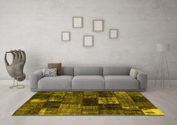 Machine Washable Patchwork Yellow Transitional Rug in a Living Room, wshcon2668yw
