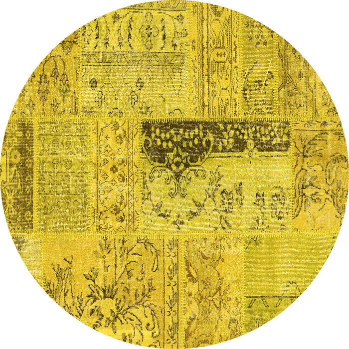 Round Machine Washable Patchwork Yellow Transitional Rug, wshcon2669yw