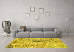 Machine Washable Patchwork Yellow Transitional Rug in a Living Room, wshcon2669yw