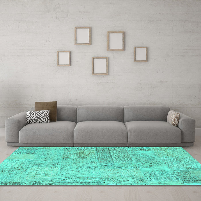 Machine Washable Patchwork Turquoise Transitional Area Rugs in a Living Room,, wshcon2670turq