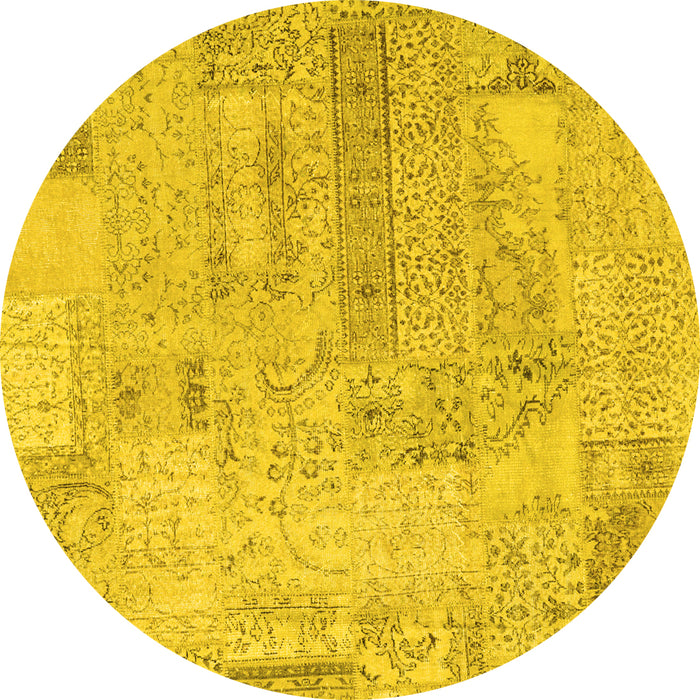 Round Machine Washable Patchwork Yellow Transitional Rug, wshcon2670yw