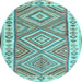 Round Machine Washable Southwestern Light Blue Country Rug, wshcon2673lblu