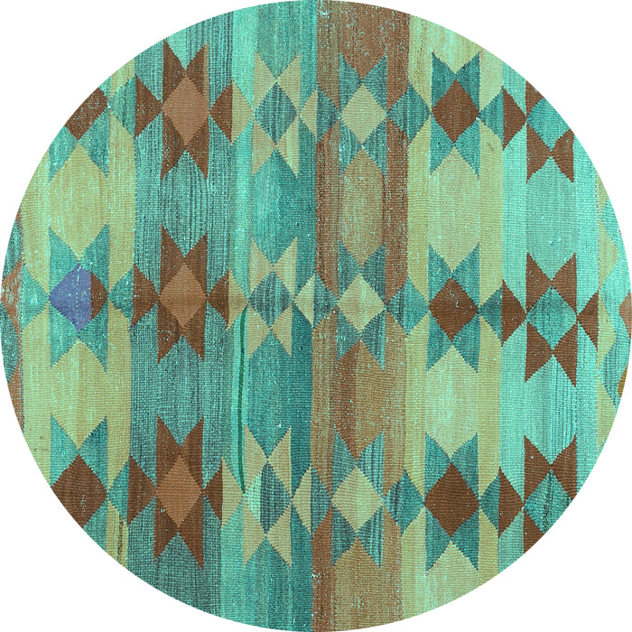 Round Machine Washable Southwestern Turquoise Country Area Rugs, wshcon2674turq