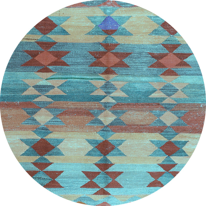 Round Machine Washable Southwestern Light Blue Country Rug, wshcon2674lblu