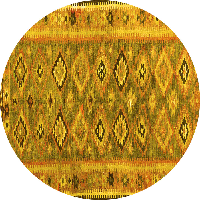Round Machine Washable Southwestern Yellow Country Rug, wshcon2676yw