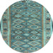 Round Machine Washable Southwestern Light Blue Country Rug, wshcon2676lblu