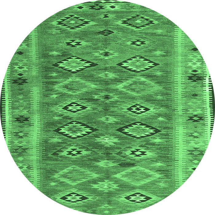 Round Machine Washable Southwestern Emerald Green Country Area Rugs, wshcon2676emgrn