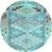 Round Machine Washable Southwestern Light Blue Country Rug, wshcon2677lblu