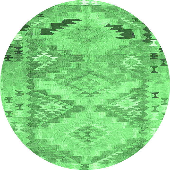 Round Machine Washable Southwestern Emerald Green Country Area Rugs, wshcon2677emgrn