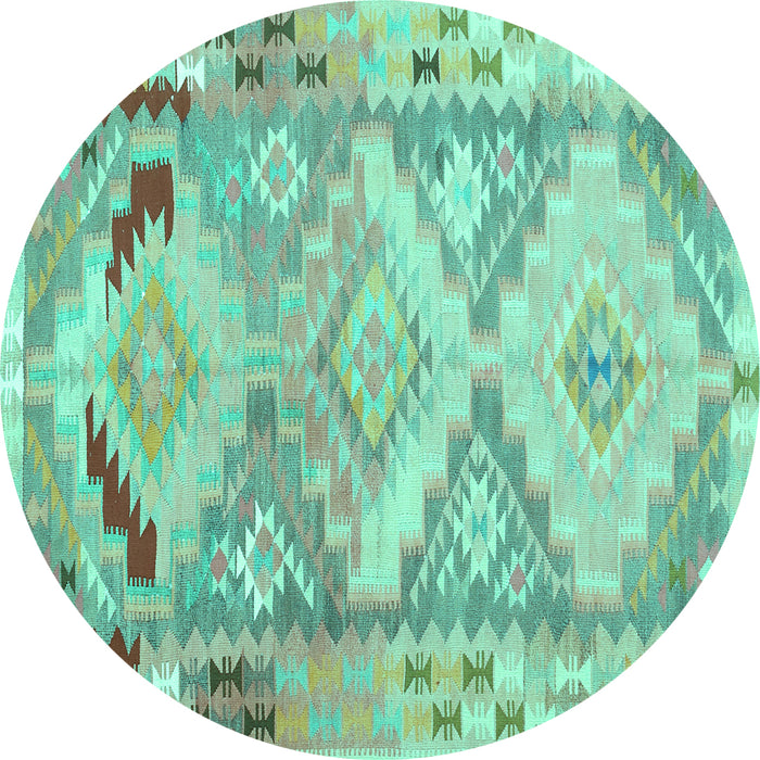 Round Machine Washable Southwestern Turquoise Country Area Rugs, wshcon2677turq
