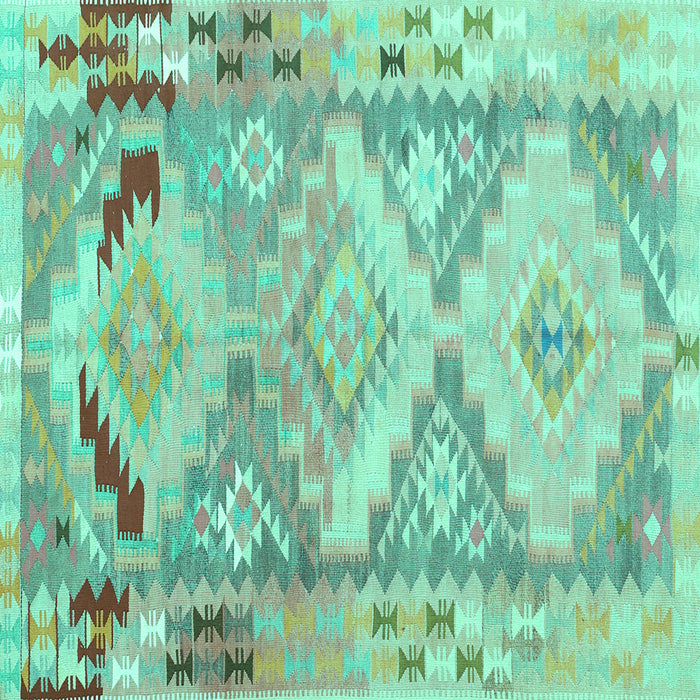 Square Machine Washable Southwestern Turquoise Country Area Rugs, wshcon2677turq