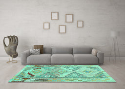Machine Washable Southwestern Turquoise Country Area Rugs in a Living Room,, wshcon2677turq