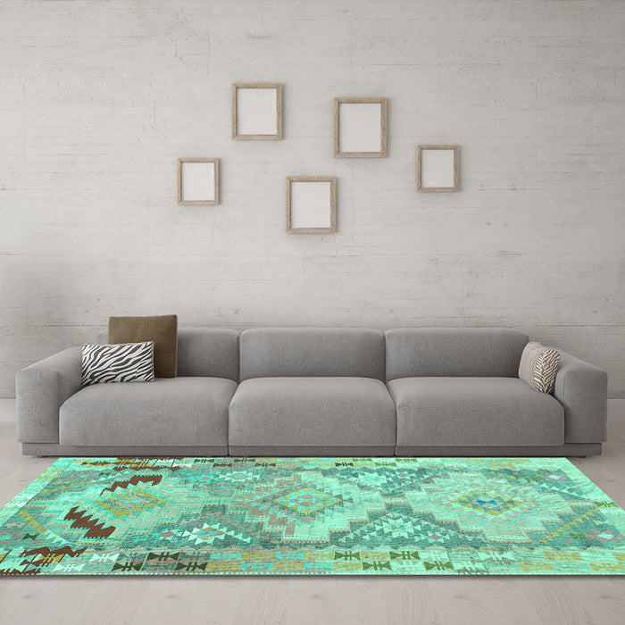 Machine Washable Southwestern Turquoise Country Area Rugs in a Living Room,, wshcon2677turq