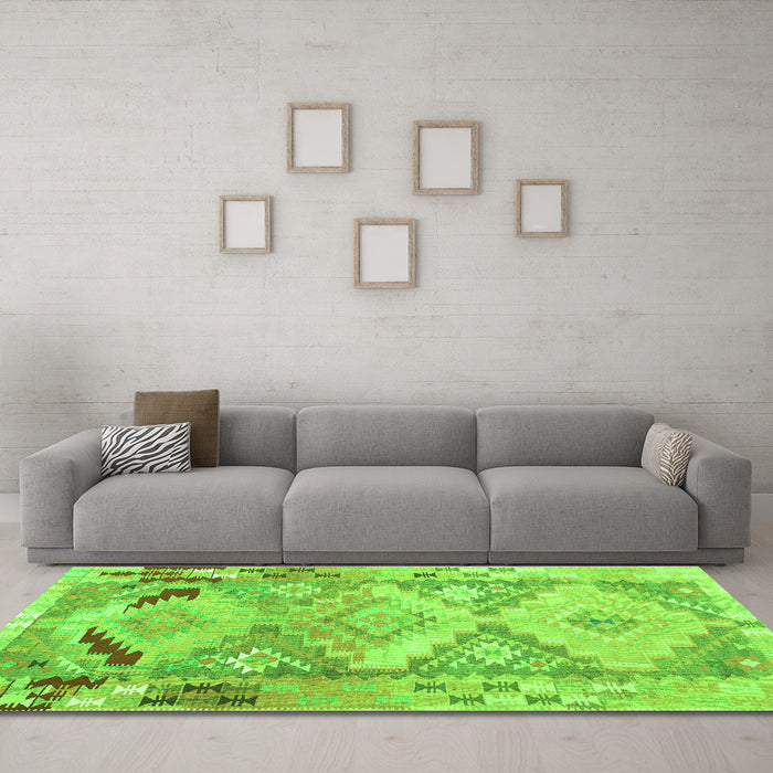 Machine Washable Southwestern Green Country Area Rugs in a Living Room,, wshcon2677grn