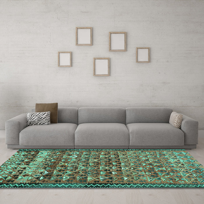 Machine Washable Abstract Turquoise Contemporary Area Rugs in a Living Room,, wshcon2678turq