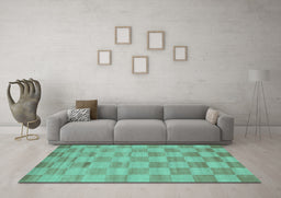 Machine Washable Checkered Turquoise Modern Area Rugs in a Living Room,, wshcon267turq