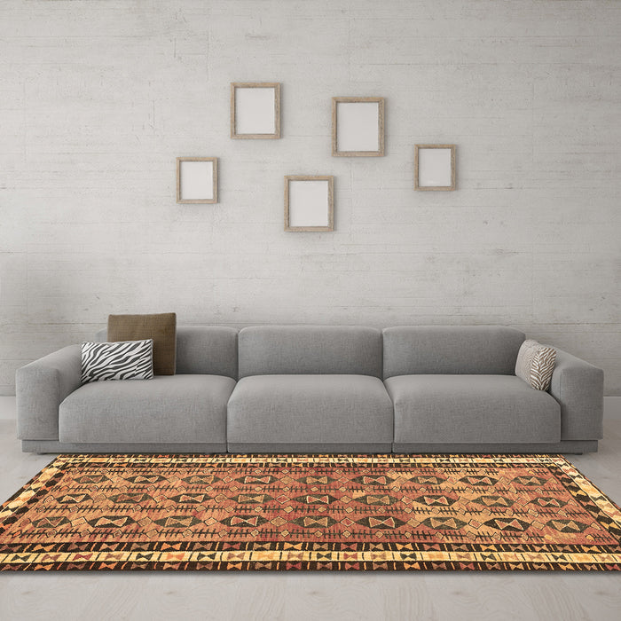Machine Washable Abstract Brown Contemporary Rug in a Living Room,, wshcon2681brn