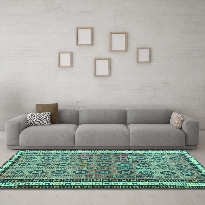Machine Washable Abstract Turquoise Contemporary Area Rugs in a Living Room,, wshcon2681turq