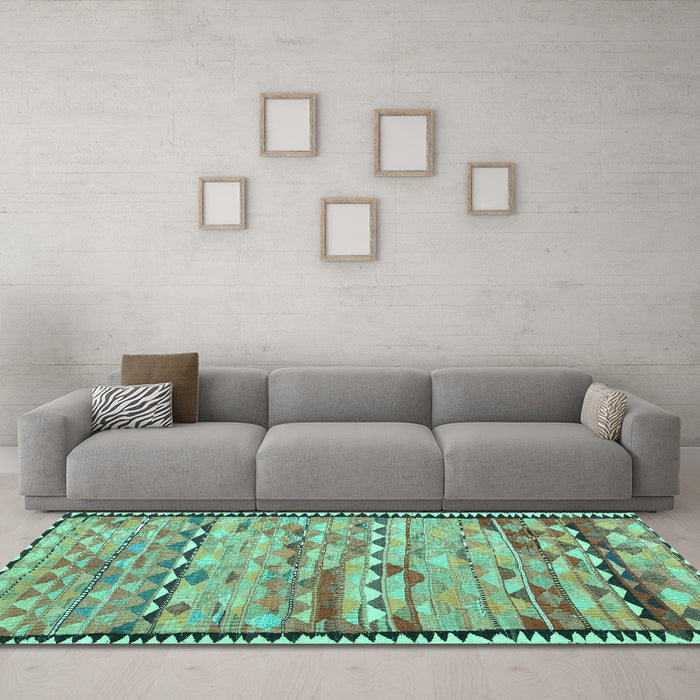 Machine Washable Oriental Turquoise Traditional Area Rugs in a Living Room,, wshcon2682turq