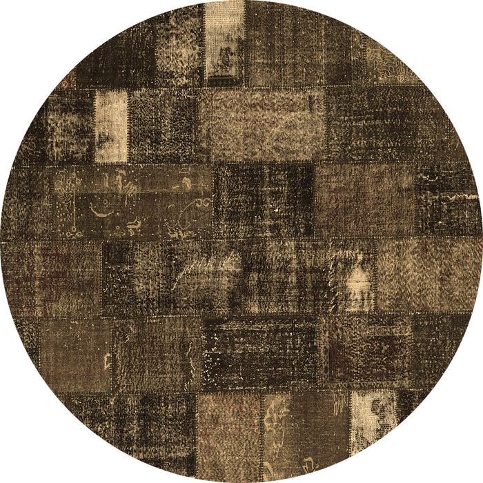 Round Machine Washable Patchwork Brown Transitional Rug, wshcon2683brn
