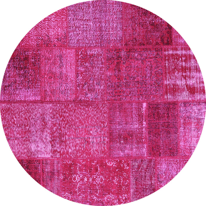 Round Machine Washable Patchwork Pink Transitional Rug, wshcon2684pnk