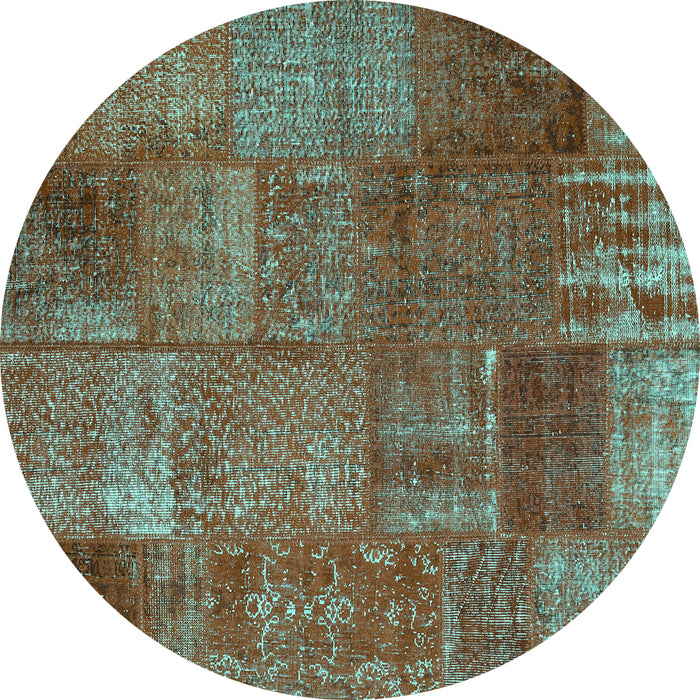 Round Machine Washable Patchwork Turquoise Transitional Area Rugs, wshcon2684turq