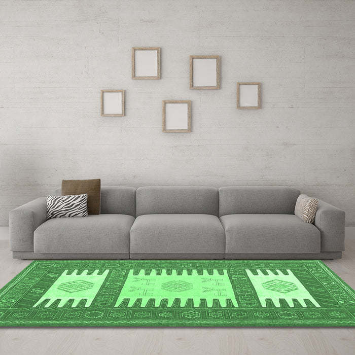 Machine Washable Southwestern Emerald Green Country Area Rugs in a Living Room,, wshcon2685emgrn