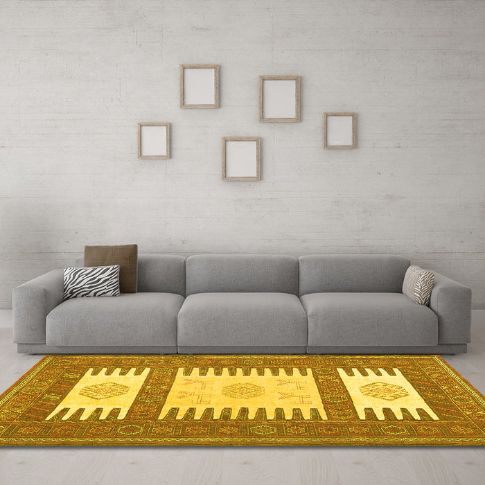 Machine Washable Southwestern Yellow Country Rug in a Living Room, wshcon2685yw