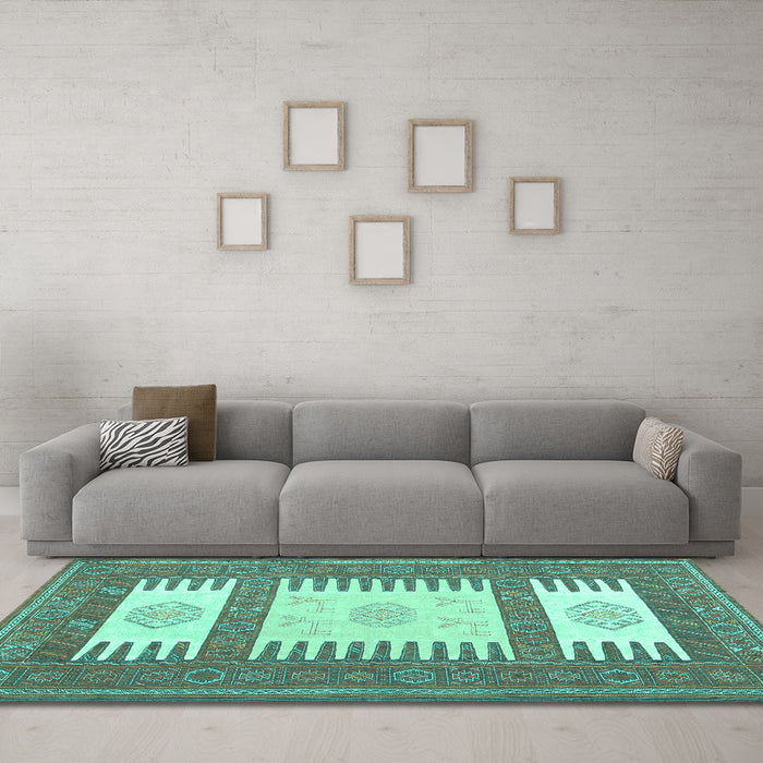 Machine Washable Southwestern Turquoise Country Area Rugs in a Living Room,, wshcon2685turq