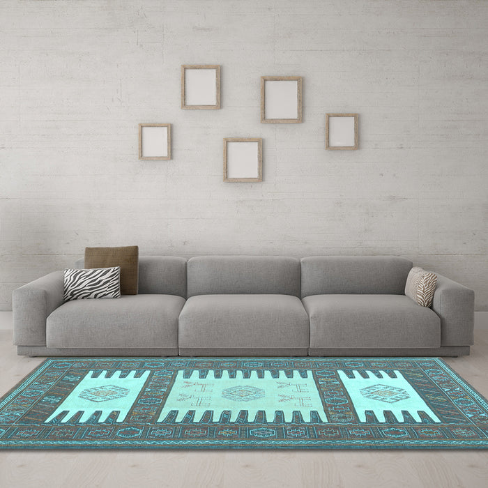 Machine Washable Southwestern Light Blue Country Rug in a Living Room, wshcon2685lblu