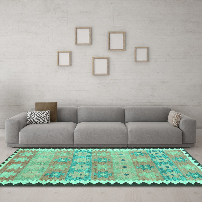 Machine Washable Southwestern Turquoise Country Area Rugs in a Living Room,, wshcon2687turq