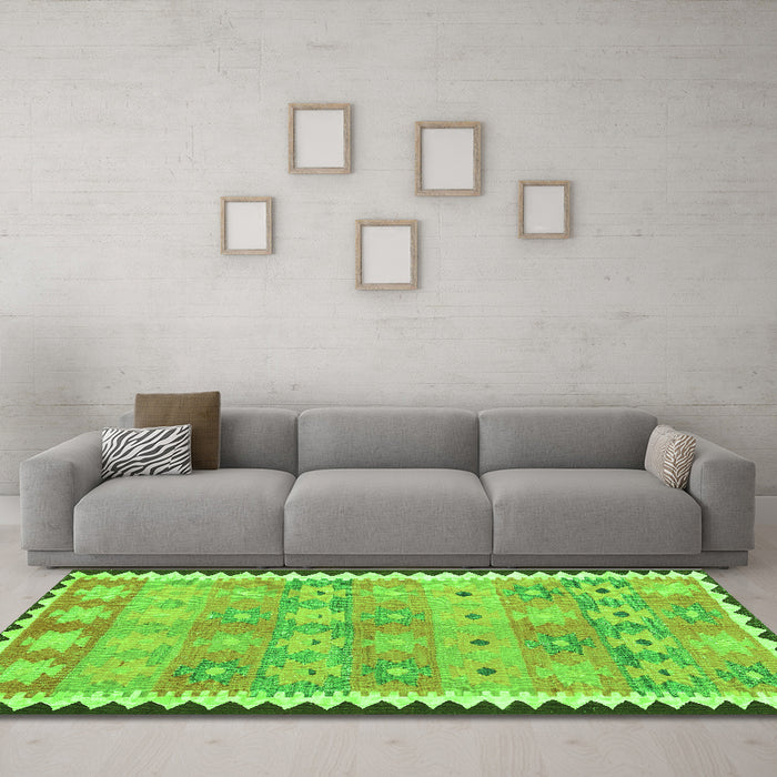Machine Washable Southwestern Green Country Area Rugs in a Living Room,, wshcon2687grn
