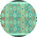 Round Machine Washable Southwestern Turquoise Country Area Rugs, wshcon2687turq