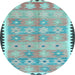 Round Machine Washable Southwestern Light Blue Country Rug, wshcon2687lblu