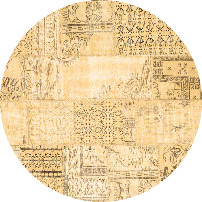 Round Machine Washable Patchwork Brown Transitional Rug, wshcon2688brn