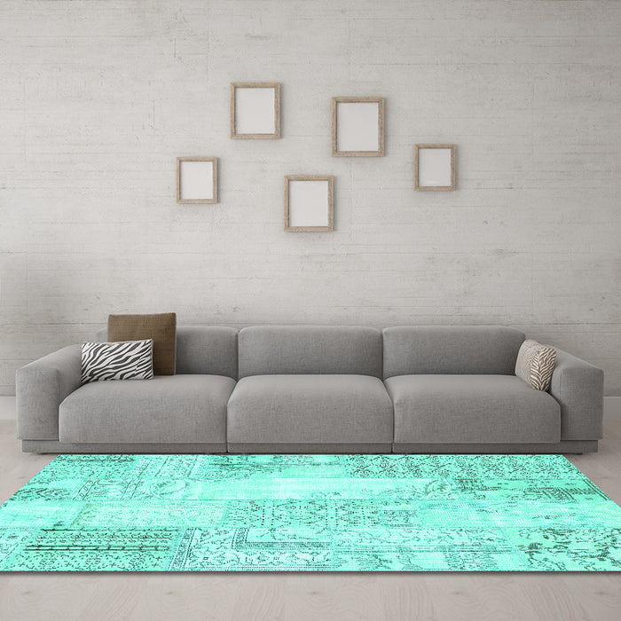 Machine Washable Patchwork Turquoise Transitional Area Rugs in a Living Room,, wshcon2688turq