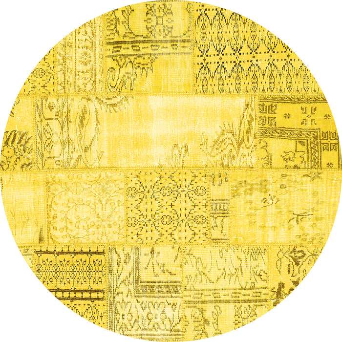 Round Machine Washable Patchwork Yellow Transitional Rug, wshcon2688yw