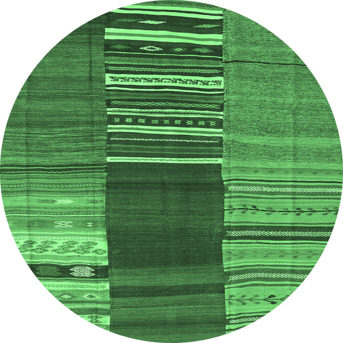 Round Machine Washable Southwestern Emerald Green Country Area Rugs, wshcon2689emgrn