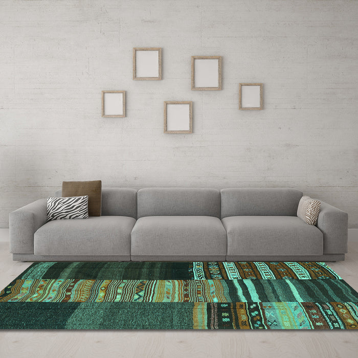 Machine Washable Southwestern Turquoise Country Area Rugs in a Living Room,, wshcon2690turq