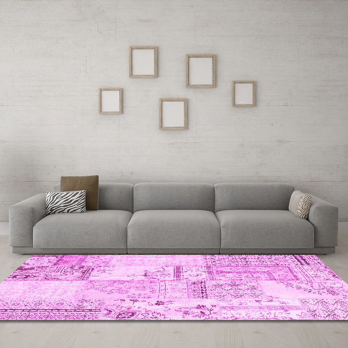 Machine Washable Patchwork Pink Transitional Rug in a Living Room, wshcon2691pnk