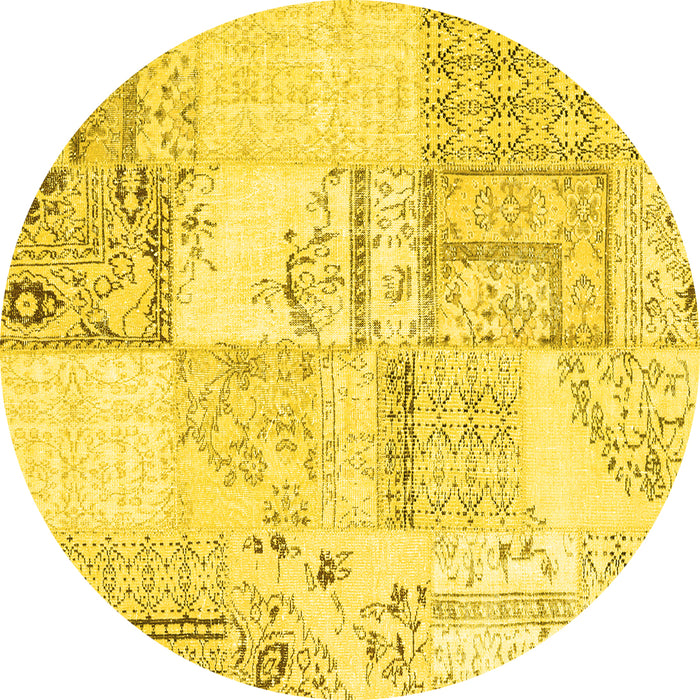 Round Machine Washable Patchwork Yellow Transitional Rug, wshcon2691yw
