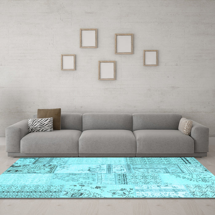 Machine Washable Patchwork Light Blue Transitional Rug in a Living Room, wshcon2691lblu