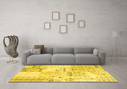 Machine Washable Patchwork Yellow Transitional Rug in a Living Room, wshcon2691yw