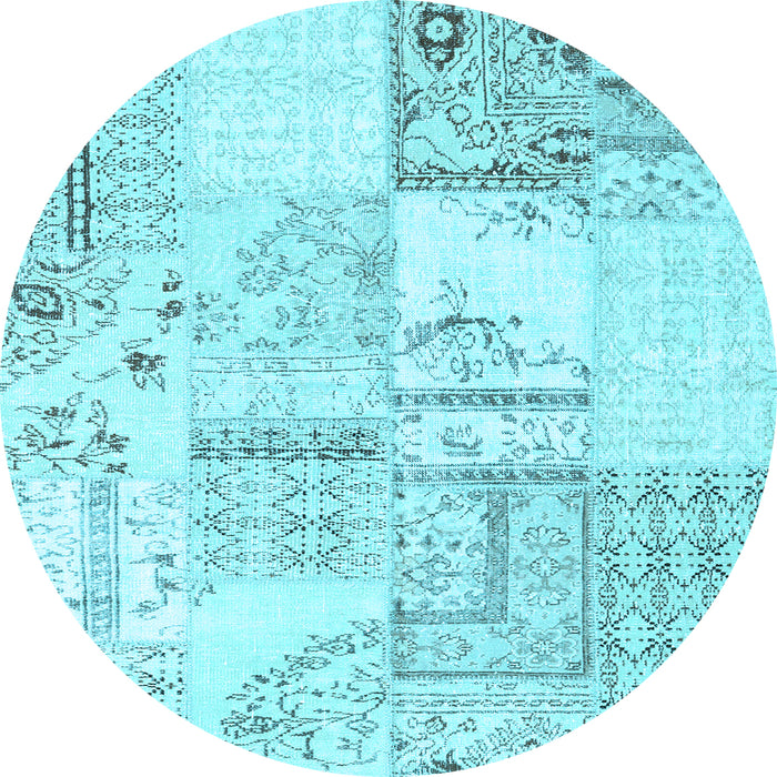 Round Machine Washable Patchwork Light Blue Transitional Rug, wshcon2691lblu