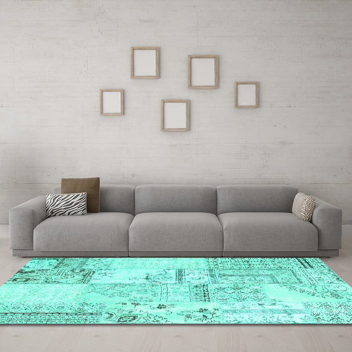 Machine Washable Patchwork Turquoise Transitional Area Rugs in a Living Room,, wshcon2691turq