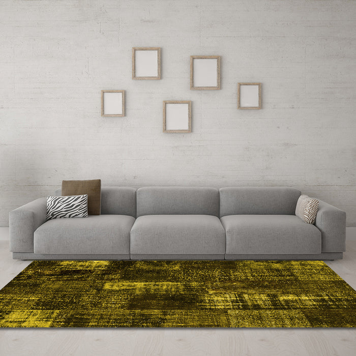 Machine Washable Patchwork Yellow Transitional Rug in a Living Room, wshcon2692yw